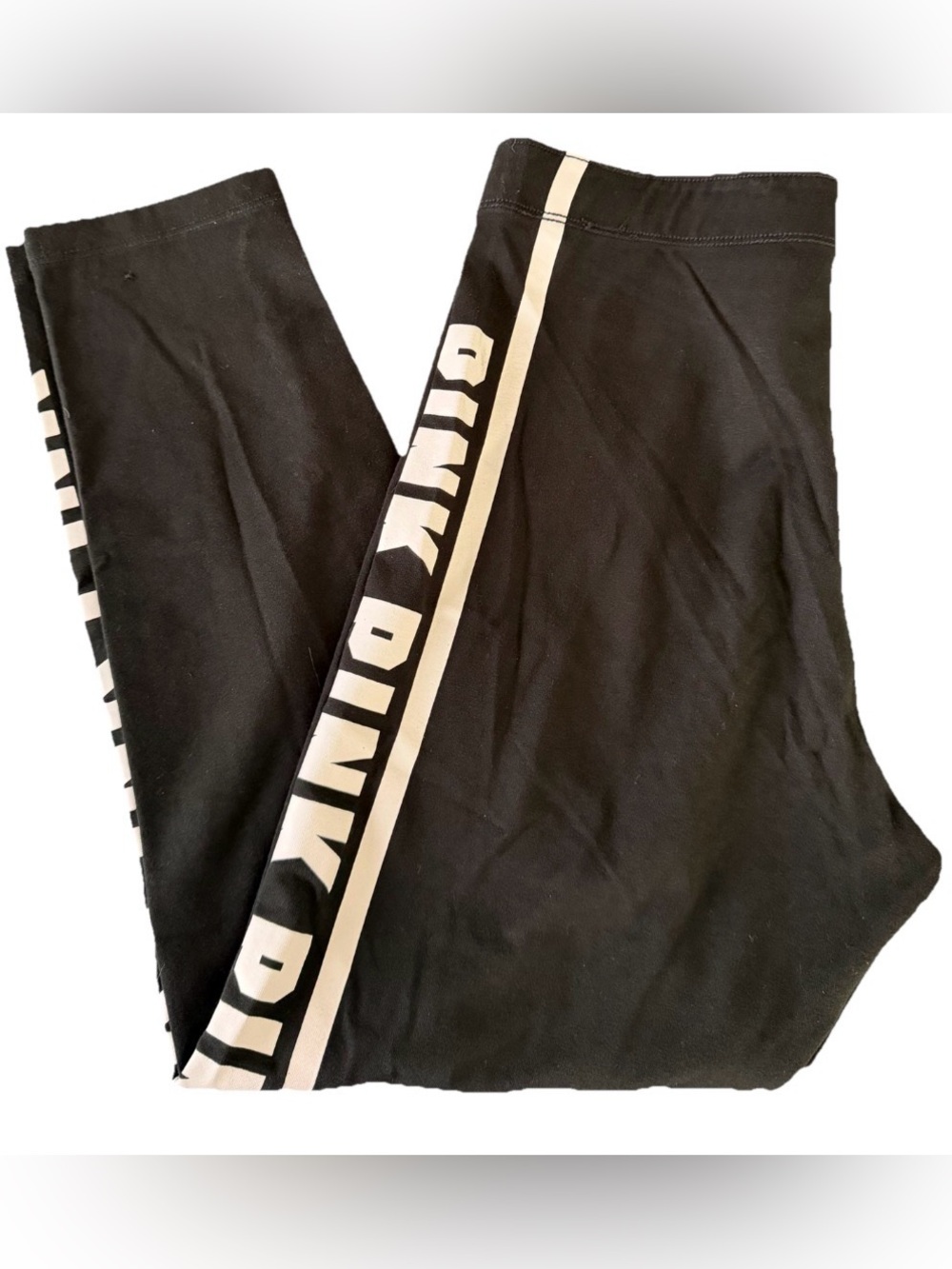 PINK Victoria's Secret Black Capri Leggings with White Side Stripe and Logo